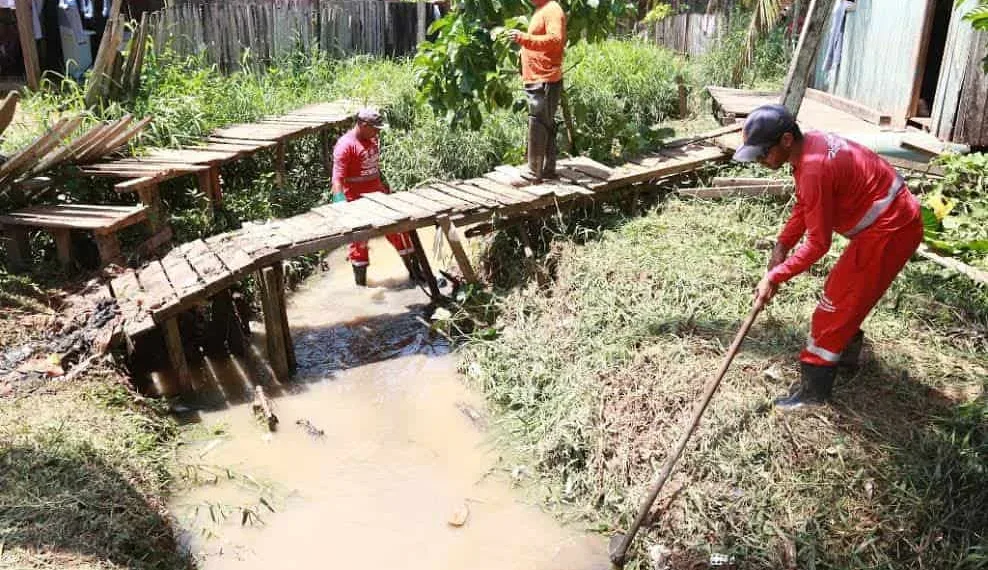 Homens trabalham na retirada de mato e entulho