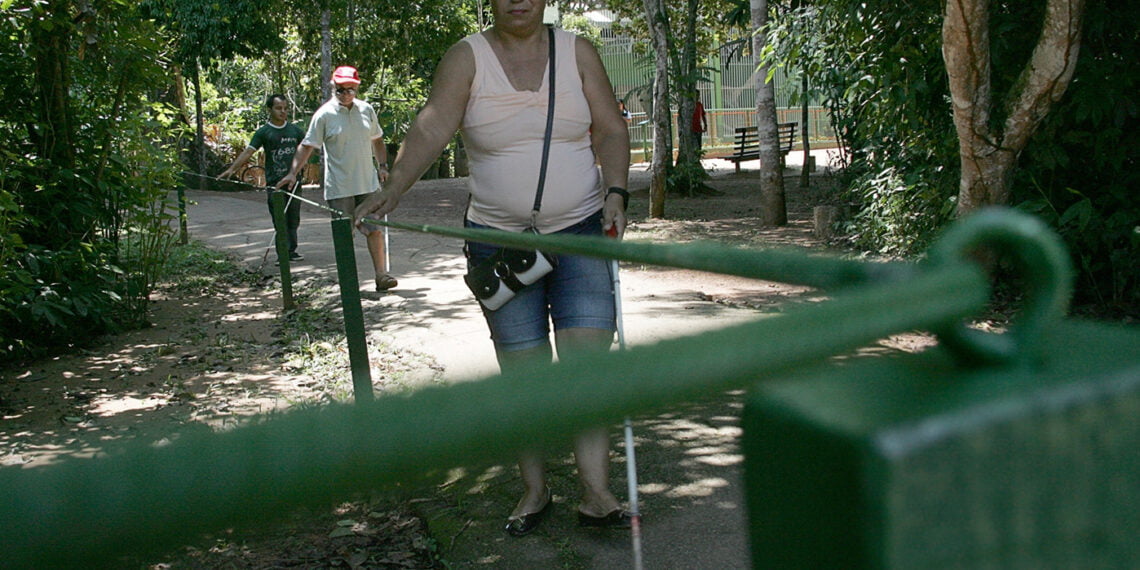 Frequentadora do parque utiliza guias para passear