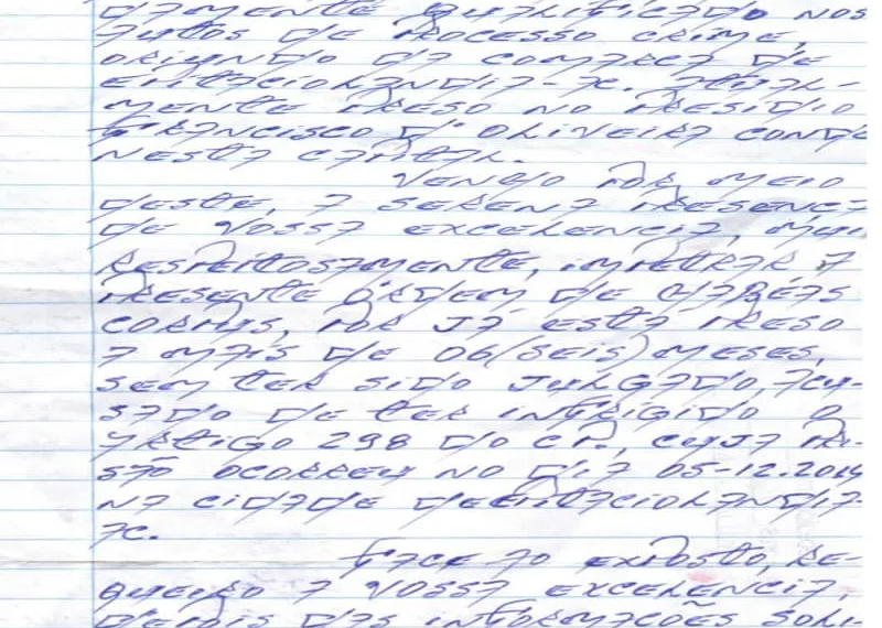 Preso impetra habeas corpus ao TJ/AC escrito à mão