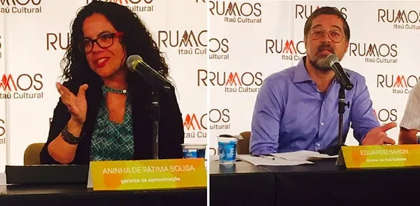 Aninha de Fátima, gerente de comunicação, e Eduardo Saron, diretor do Itaú Cultural