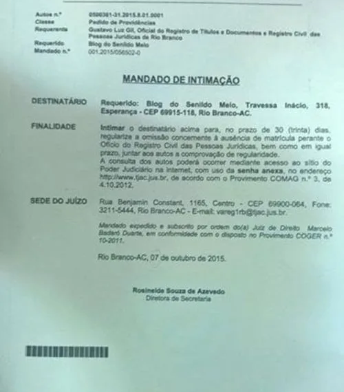 Blogueiros receberam intimações como a da imagem