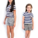 Look versátil, para meninas maiores e menores! Hillary e Amanda vestem blusinhas listradas de malha e shorts de alfaiataria Tyrol, com sapatilhas Melissa. Lindas!