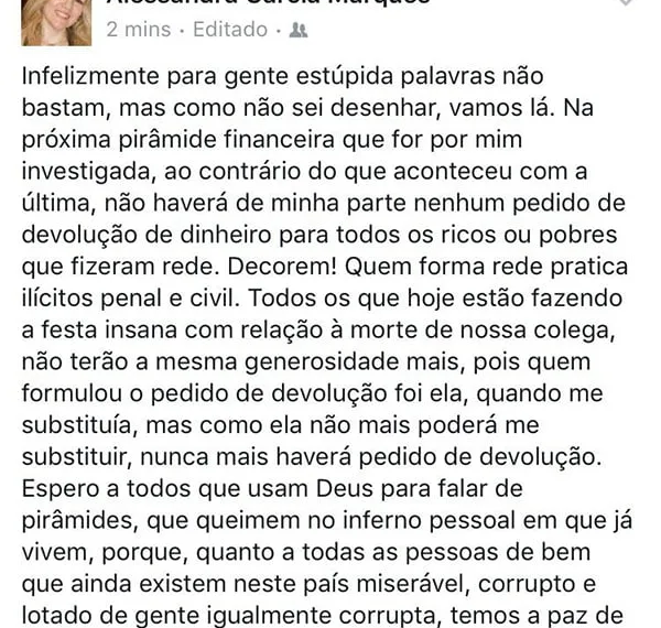 Alessandra Marques posta críticas duras a quem comemora morte da colega promotora