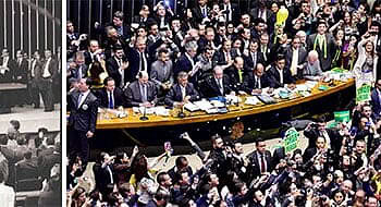 Dois momentos que mostram o resultado das votações na Câmara Federal que resultaram no prosseguimento do processo de impeachment para o Senado