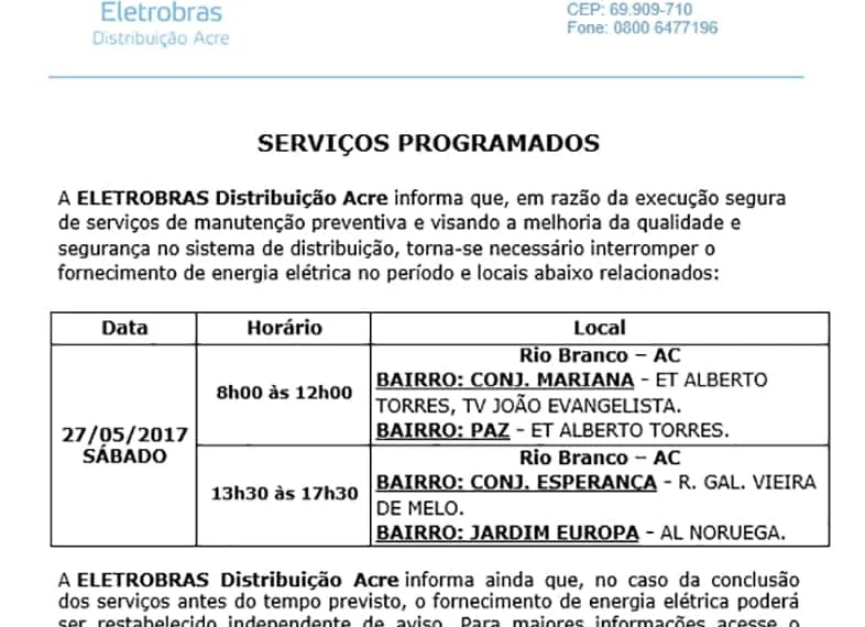 Comunicado Eletrobras distribuição Acre