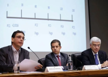O chefe da Assessoria Especial do Ministério da Fazenda, Marcos Mendes; os secretários do Ministério do Planejamento, Gleisson Cardoso Rubin, Receita Federal, Jorge Rachid; de Orçamento Federal do Ministério do Planejamento, George Soares, durante anuncio das medidas fiscais adotadas para compensar as perdas com a redução do preço do óleo diesel nas bombas