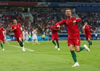 Copa 2018: Portugal e Espanha - Cristiano Ronaldo de Portugal faz seu terceiro gol.