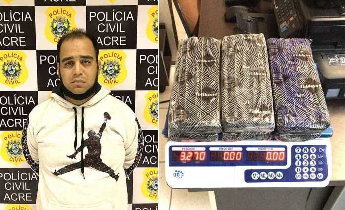 Equatoriano Victor Alfonso Vargas Pluas foi preso com mais de três quilos de cocaína no Acre — Foto Divulgação Polícia Civil