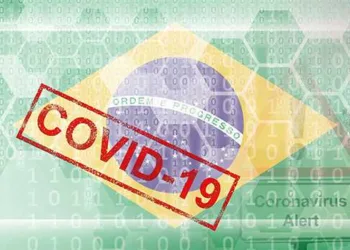 Brazil flag and futuristic digital abstract composition with Covid-19 inscription. Coronavirus outbreak concept