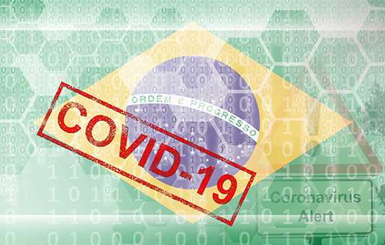 Brazil flag and futuristic digital abstract composition with Covid-19 inscription. Coronavirus outbreak concept