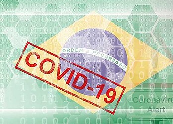 Brazil flag and futuristic digital abstract composition with Covid-19 inscription. Coronavirus outbreak concept