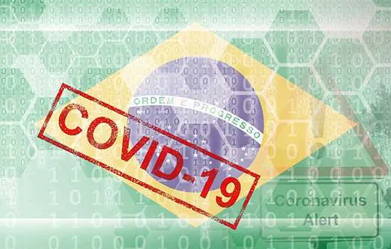 Brazil flag and futuristic digital abstract composition with Covid-19 inscription. Coronavirus outbreak concept