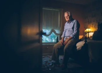 Depressed senior man alone sitting on bed edge with dozens of pill container at his feet