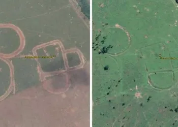 Da esquerda para a direita, como está hoje o sítio arqueológico e como era antes do aterramento (Foto: Reprodução internet)