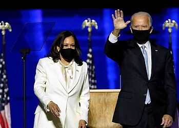 Democratic vice-presidential nominee Kamala Harris and Democratic 2020 U.S. presidential nominee Joe Biden greet supporters at an election rally, after news media announced that Biden has won the 2020 U.S. presidential election, in Wilmington, Delaware, U.S., November 7, 2020. Andrew Harnik/Pool via REUTERS
