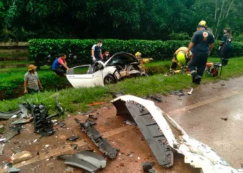 Com o impacto, carro foi parar às margens da rodovia com o impacto (Foto: Notícias da Hora)