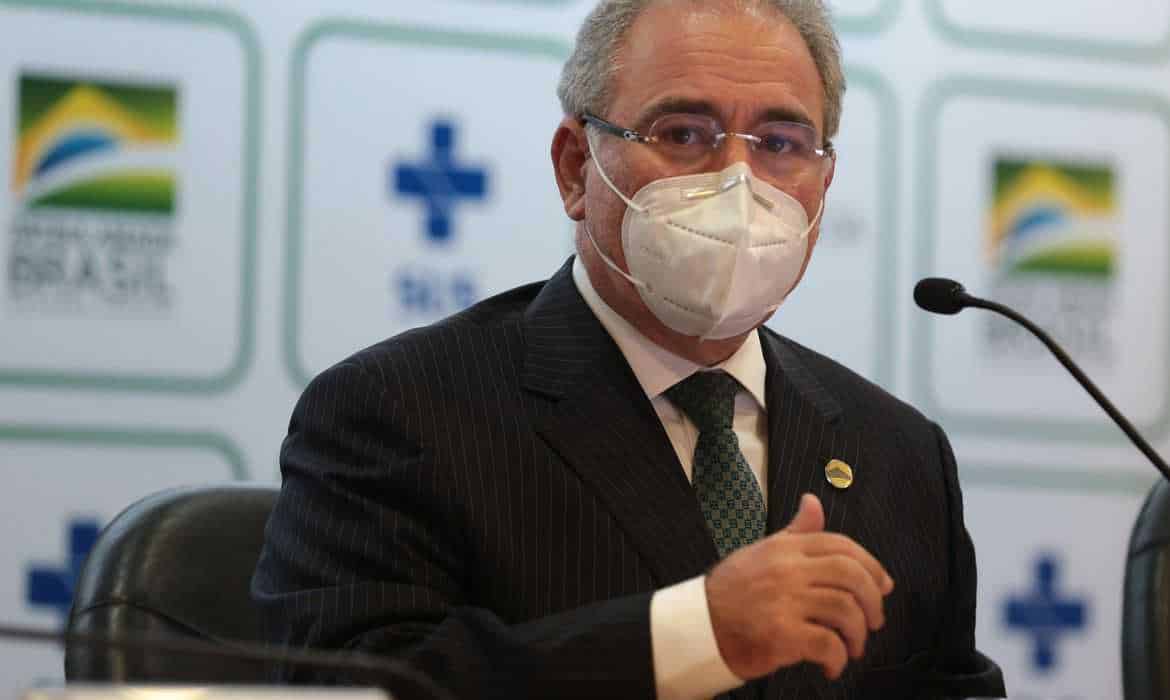 O ministro da Saúde, Marcelo Queiroga, falou durante coletiva de imprensa, sobre a antecipação de novos lotes de vacina contra a covid-19.