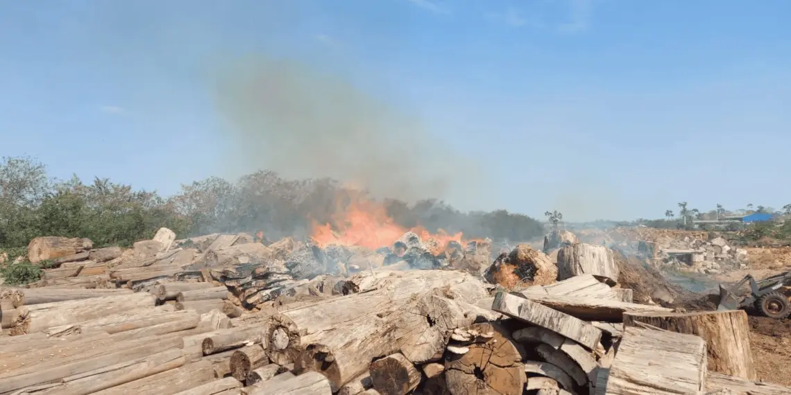 Incêndio registrado em madeireira nesta tarde,19, em Rio Branco. (Foto: Corpo de Bombeiros AC)