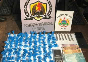 105 trouxinhas de cocaína e seis tabletes de maconha estavam dentro de uma sacola escondida numa bananeira. (Foto: PM)
