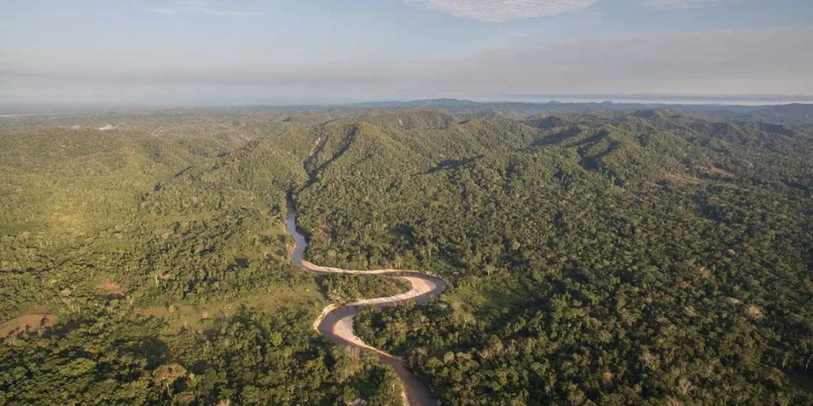 Vista de drone do Rio Moa no Parque Nacional da Serra do Divisor, e conjunto montanhoso na divisa com o Peru (Foto: Andre Dib)