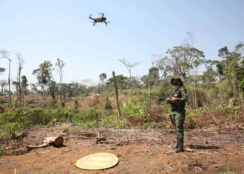 Rio Branco Acre, Brasil - Militares do Batalhão de Polícia Ambiental (BPA) que receberam curso de pilotagem de drones pela WWF fazem a pratica em campo, realizam mapeamentos de áreas desmatadas com drones.
Os drones foram doando pela WWF-Brasil para o fortalecimento no combate contra os crimes ambientais