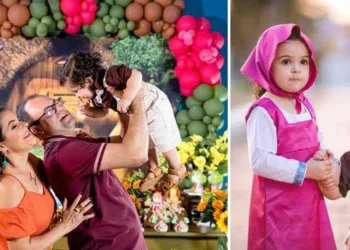Papais Elida Freitas e Cris Wolf felizes com o aniversário dos filhos Heitor e Helena, ocorrido dia 12