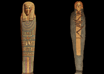 A múmia completa, à esquerda e, à direita, uma das camadas de seu interior reveladas.