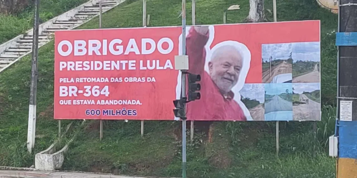 Outdoor com agradecimento a Lula por destinar R$ 600 milhões para BR-364 chama atenção no Acre