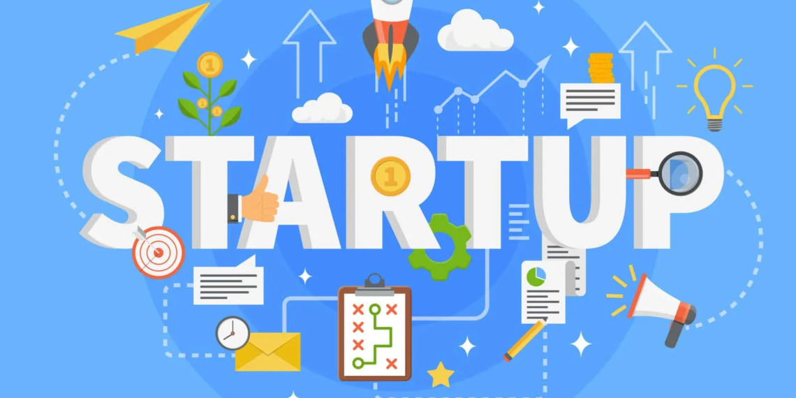 Startup development composition with business idea, research, investment, promotion, agreement, success on blue background vector illustration