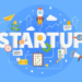 Startup development composition with business idea, research, investment, promotion, agreement, success on blue background vector illustration
