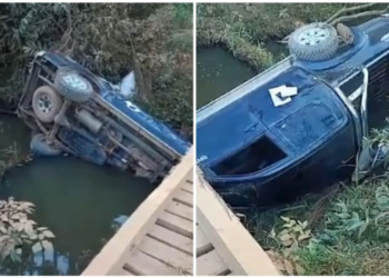 No Acre, motorista supostamente alcoolizado cai com veículo em igarapé após tentar atravessar ponte