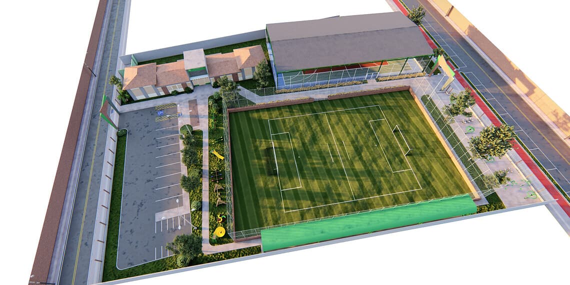 Imagem do projeto do CIEC, que é composto por um quadra poliesportiva coberta, um campo de futebol e uma sala de lutas. Foto: Ilustração