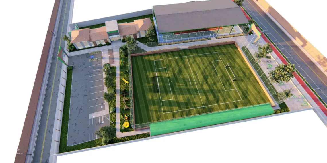Imagem do projeto do CIEC, que é composto por um quadra poliesportiva coberta, um campo de futebol e uma sala de lutas. Foto: Ilustração