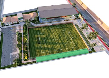 Imagem do projeto do CIEC, que é composto por um quadra poliesportiva coberta, um campo de futebol e uma sala de lutas. Foto: Ilustração