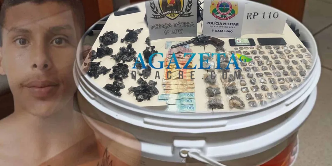 Droga no balde: PM prende homem com balde cheio de droga, arma e dinheiro