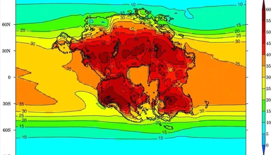 Processos tectônicos daqui milhões de anos levariam ao surgimento do supercontinente "Pangea Ultima" com temperaturas de até 70 ºC Imagem: Divulgação/ University of Bristol