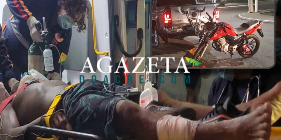 Motociclista fica gravemente ferido após colidir contra caminhonete