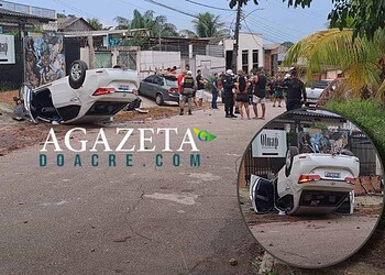 Bandido rouba carro de luxo, é perseguido pela polícia e capota veículo