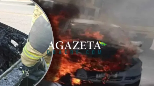 Carro fica parcialmente destruído durante incêndio em via pública de Rio Branco