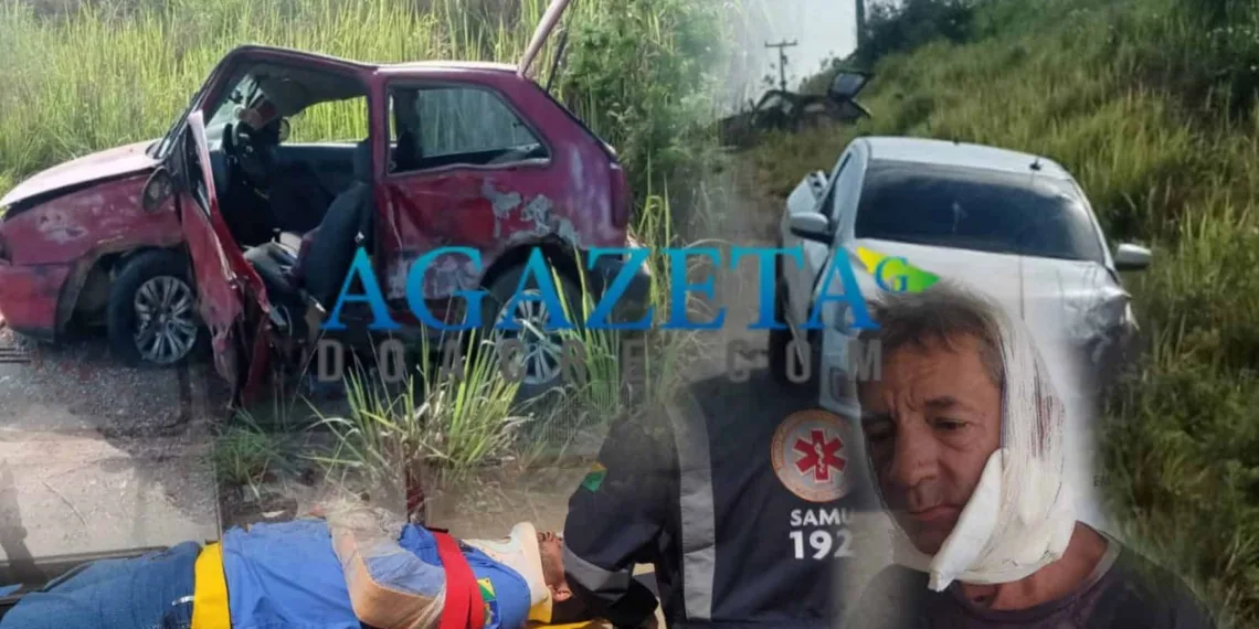 Buraco na estrada Transacreana provoca grave acidente; carros colidiram de frente