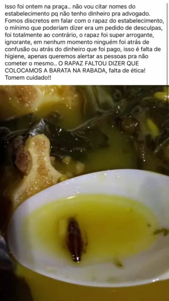 Mulher encontra barata dentro de prato de rabada na Praça da Revolução, em Rio Branco  