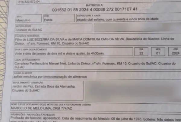 Família exige 'justiça' e alega divergência de informações sobre causa da morte de detento em presídio do Acre 2 Família exige 'justiça' e alega divergência de informações sobre causa da morte de detento em presídio do Acre