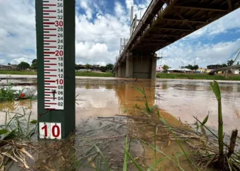 O manancial registrou 11,22 metros na manhã desta segunda-feira, 8 (Foto: arquivo Defesa Civil de Rio Branco)