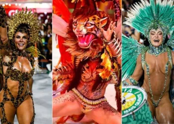 Paolla Oliveira, rainha da Grande Rio, e Fabíola de Andrade, rainha da Mocidade, desfilaram com fantasias com referências à cunhã-poranga; Isabelle (ao centro), do 'BBB 24', interpreta a personagem no Festival de Parintins — Foto: Fotos de Hermes de Paula / Reprodução / Guito Moreto