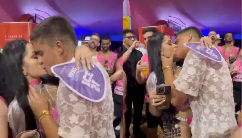 Thiago Ramos e Ellen Santana trocaram beijos em um camarote no carnaval — Foto: Reprodução