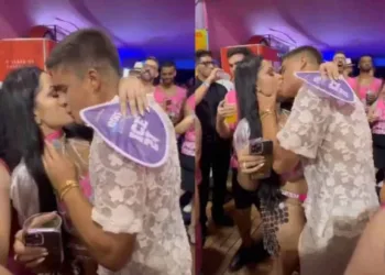 Thiago Ramos e Ellen Santana trocaram beijos em um camarote no carnaval — Foto: Reprodução