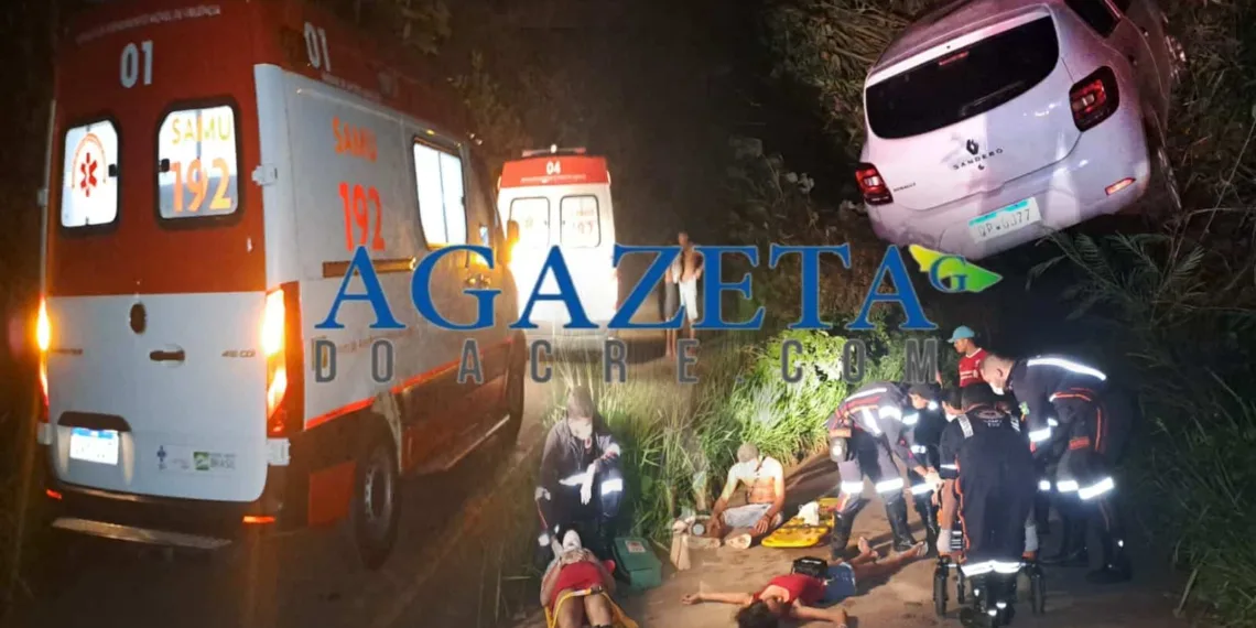 Motorista perde controle de carro, sai da pista e duas pessoas ficam feridas