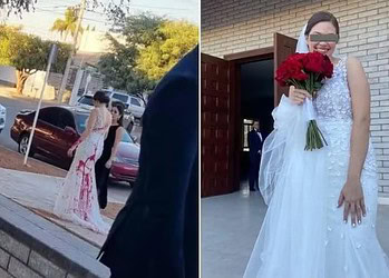 Mulher contrata homens para jogar tinta vermelha no vestido da noiva do filho