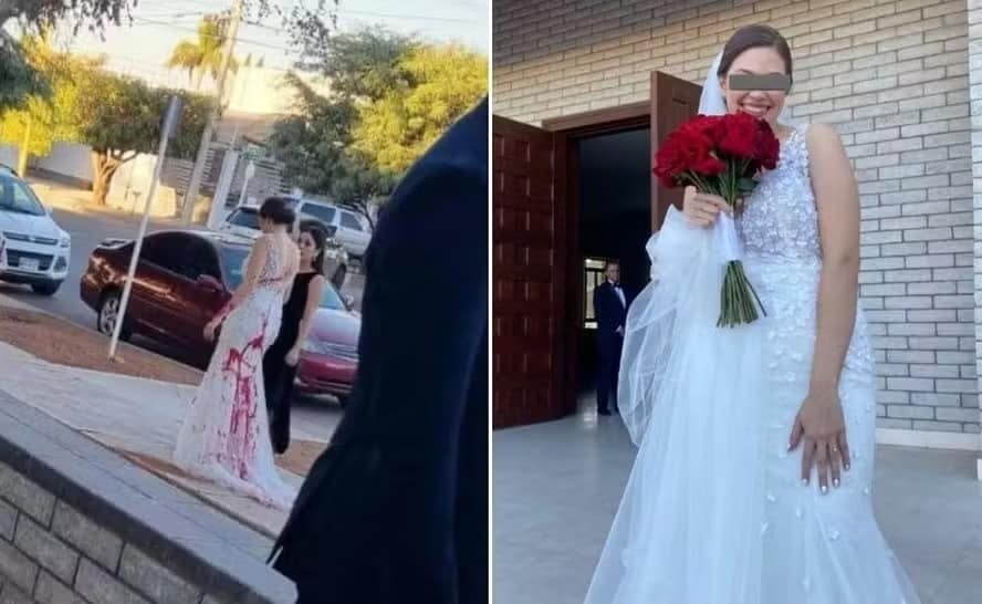 Mulher contrata homens para jogar tinta vermelha no vestido da noiva do filho
