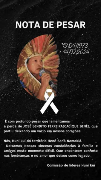 Liderança indígena do povo Huni Kuin, em Tarauacá, cacique Bené morre nessa quarta-feira, 14